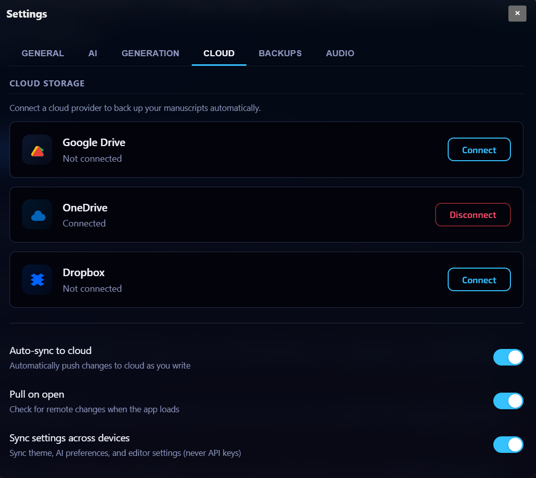 ProseEngine Cloud Sync settings — Google Drive, OneDrive, Dropbox