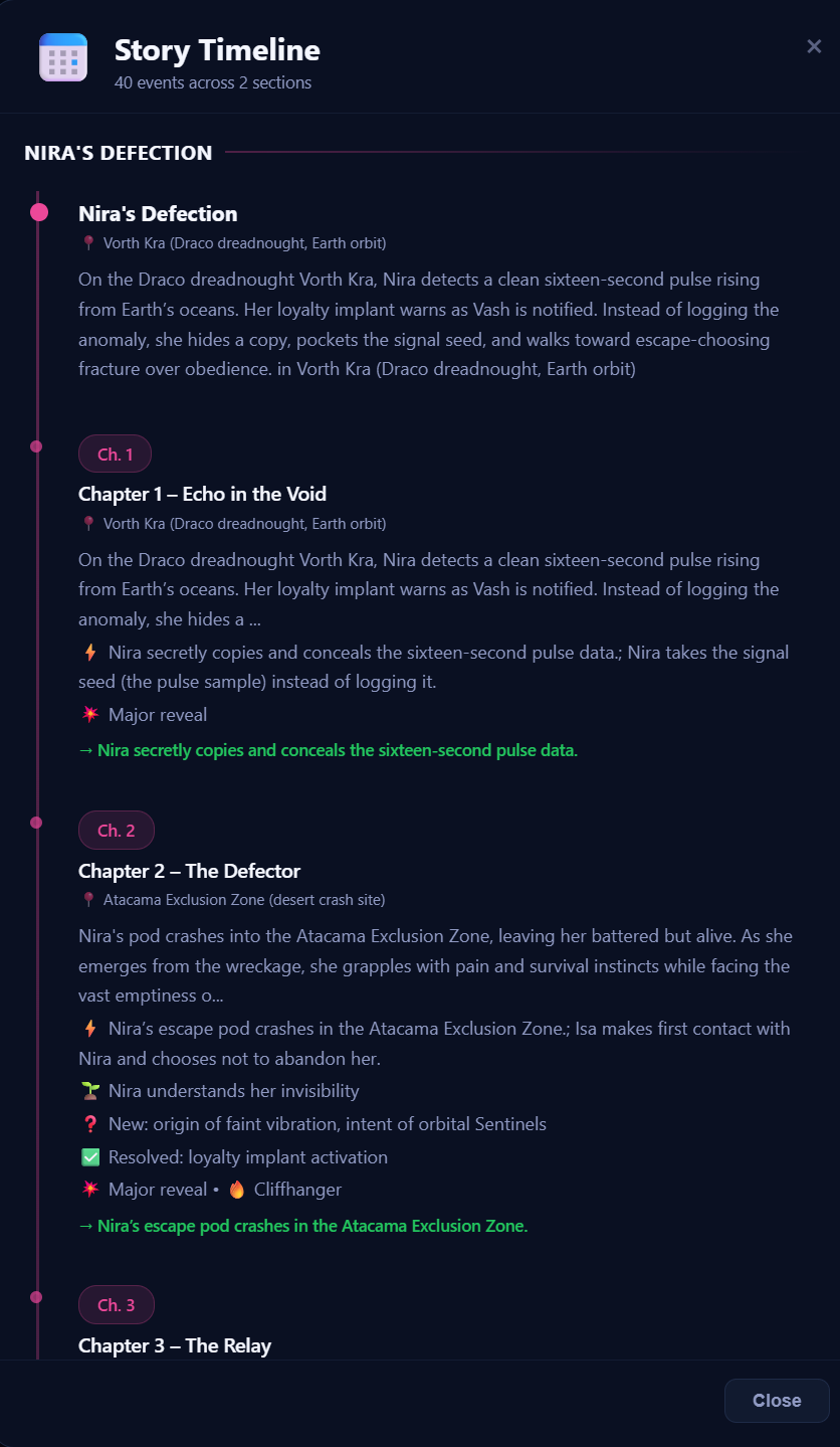 ProseEngine Story Timeline with chapter events
