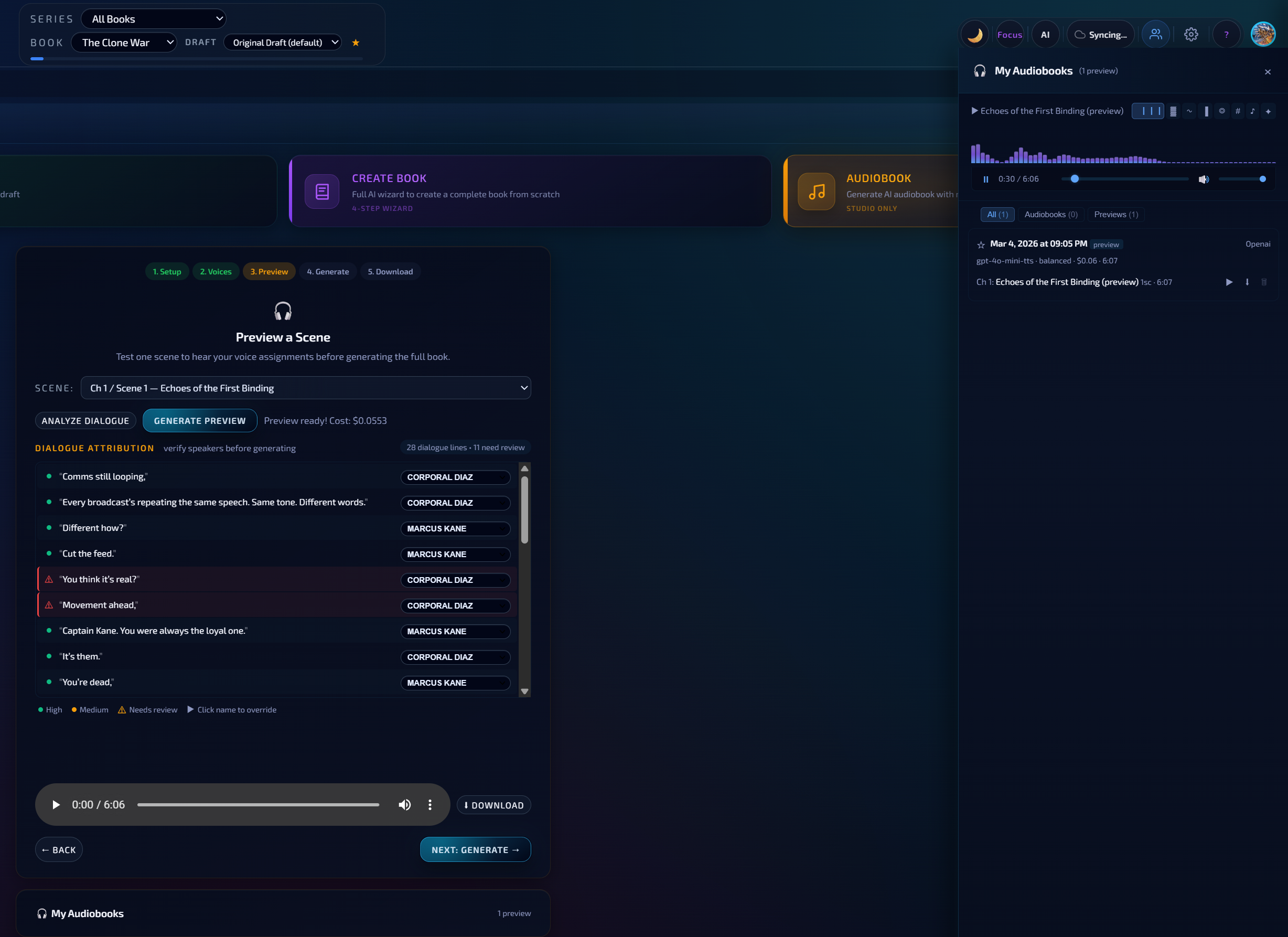 ProseEngine multi-voice audiobook generation with character voice assignment