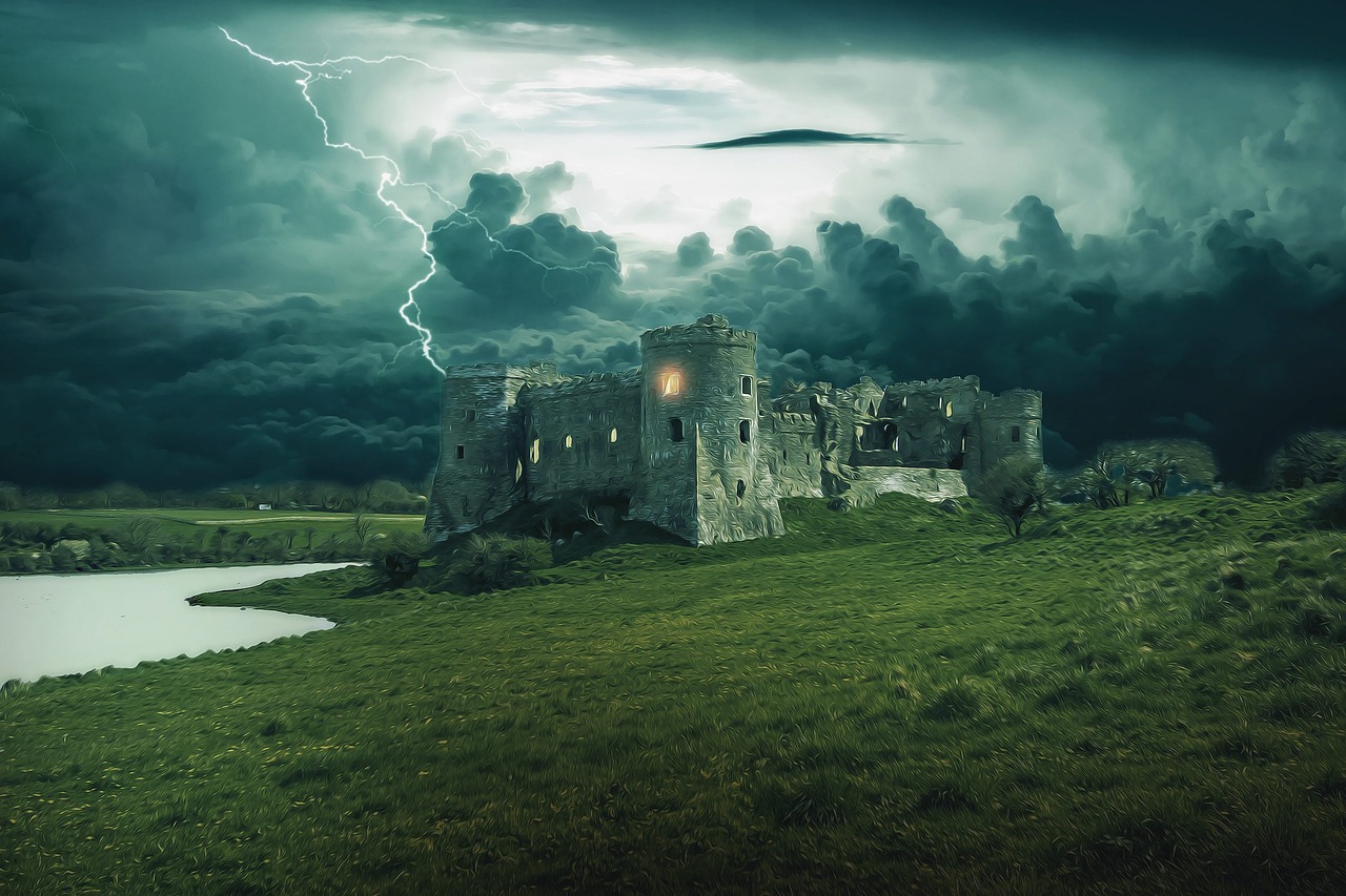 Medieval castle under stormy skies — the world of fantasy