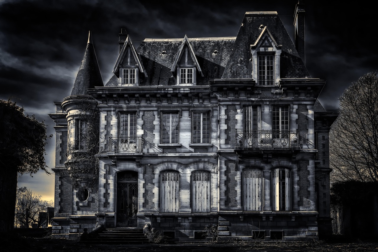 Gothic villa under dark clouds — the atmosphere of mystery