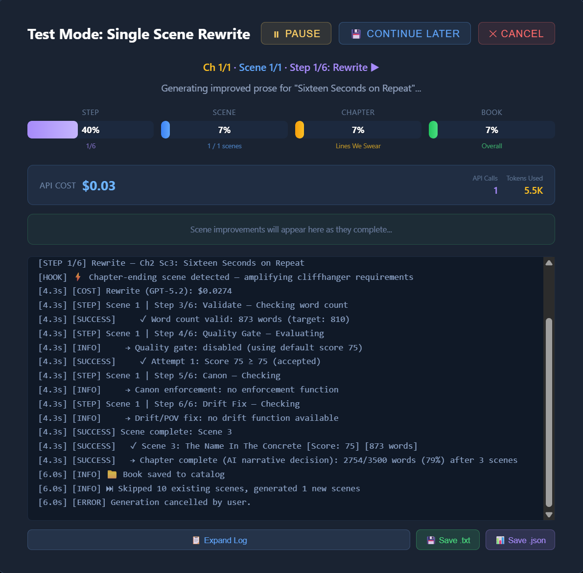 ProseEngine AI generation log — scene rewrite with quality gate