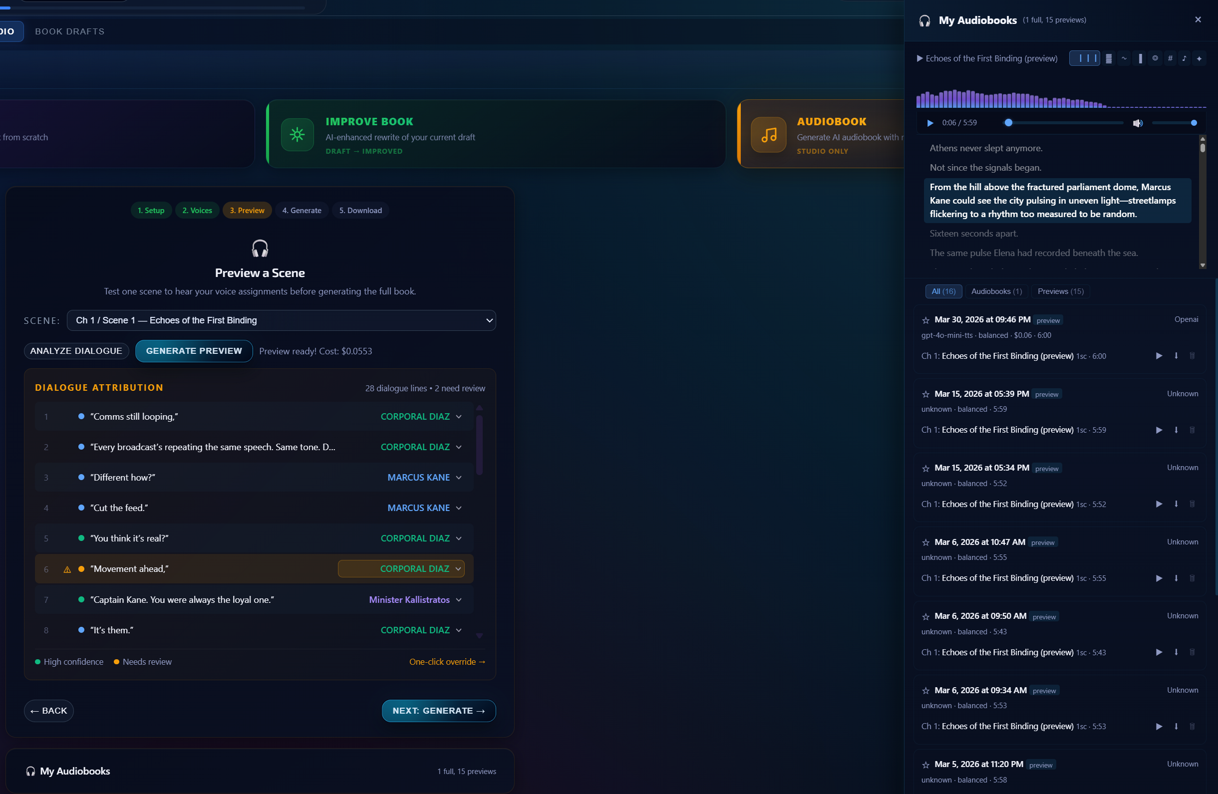 Audiobook Studio — dialogue attribution, voice assignment, and audio player with chapter history