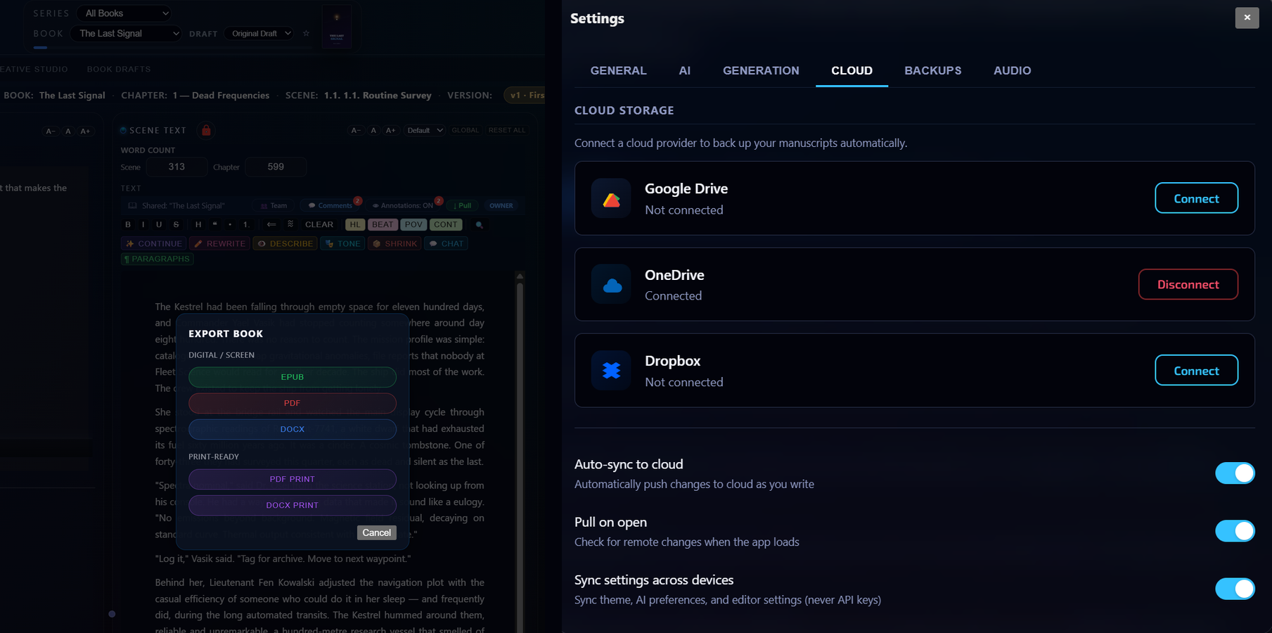 Export Book to EPUB, PDF, DOCX and Cloud Sync with Google Drive, OneDrive, Dropbox