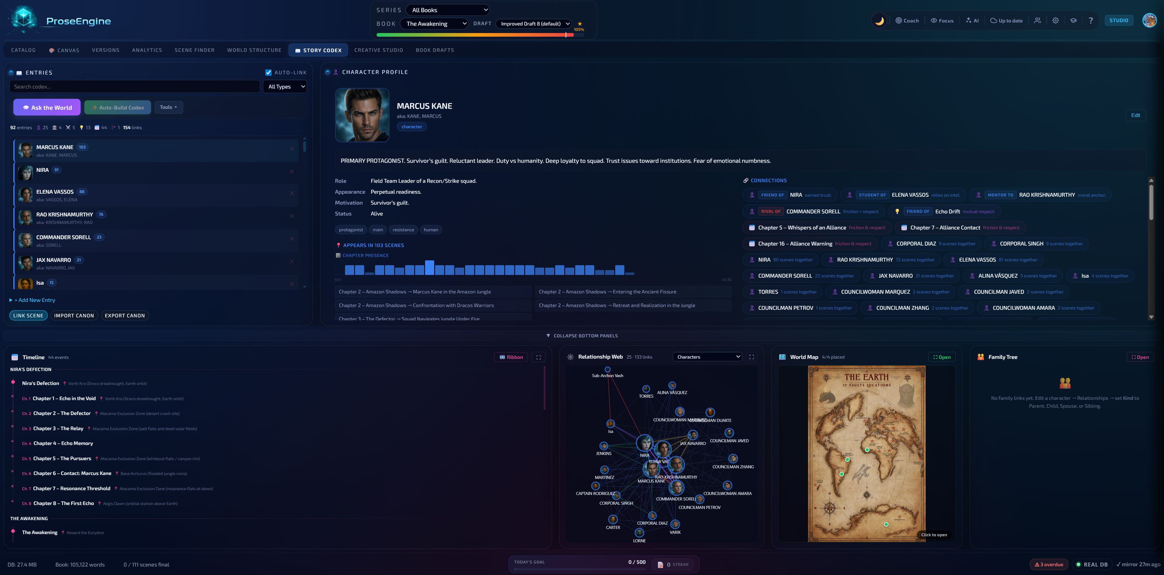 Story Codex — character profile with scene tracking, progressions, and connections