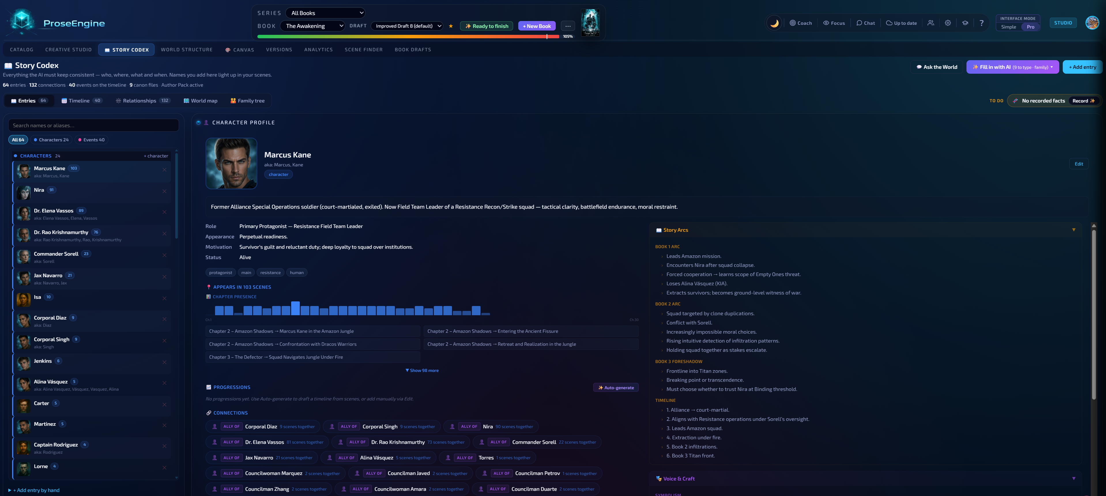 ProseEngine Story Codex character profile showing scene mentions and character progressions