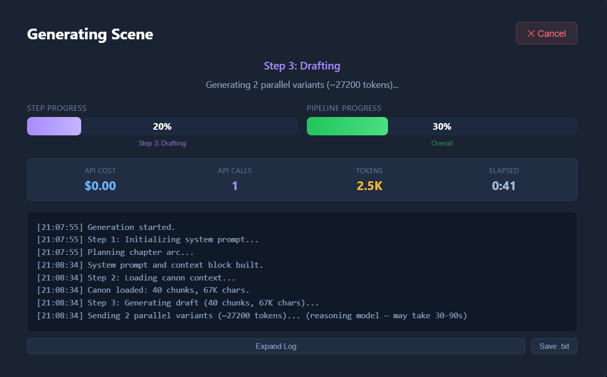ProseEngine AI generation pipeline — Scrivener has no AI features