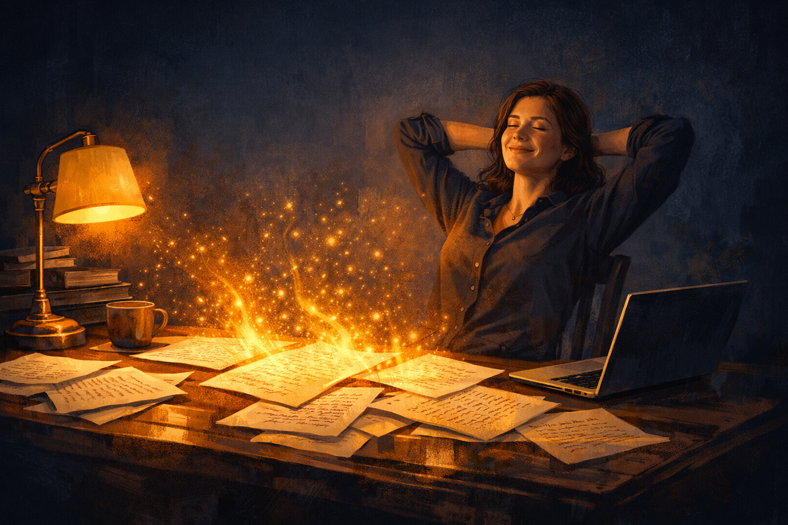 Writer relaxing at her desk while ProseEngine improves her manuscript