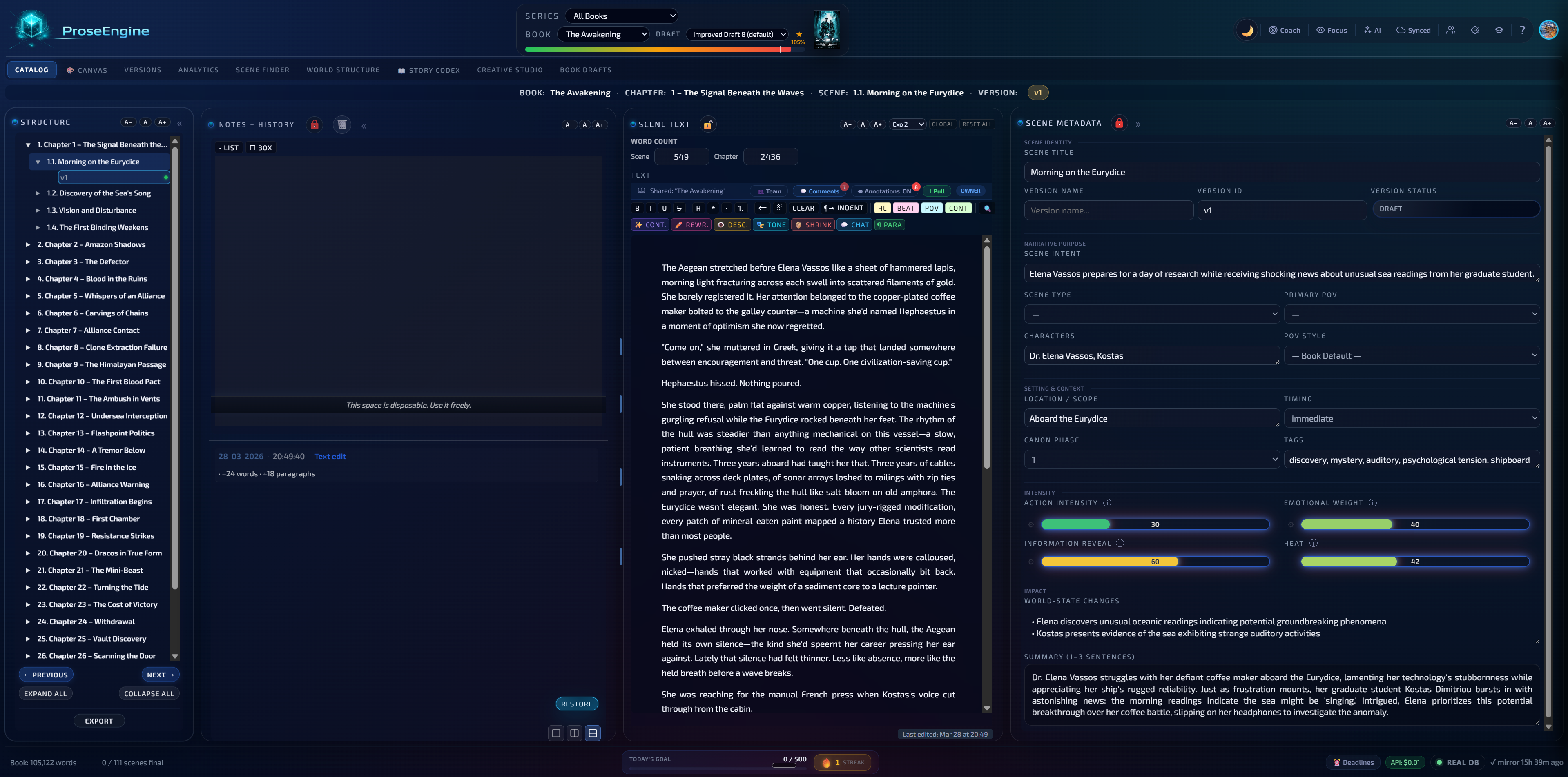 ProseEngine AI fiction writing editor with chapter tree, scene text, quality bars, and codex sidebar