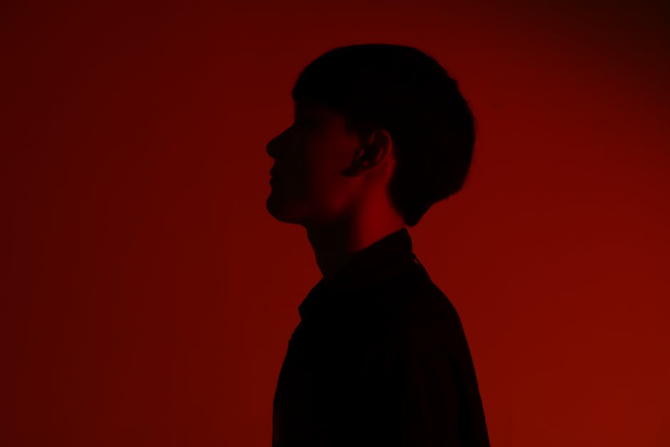 Silhouette of an adult in profile viewed against a red backdrop, creating a moody effect.