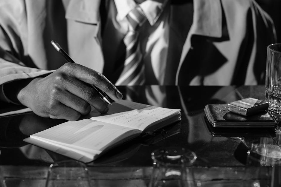 A noir-style scene with a detective writing notes in monochrome.