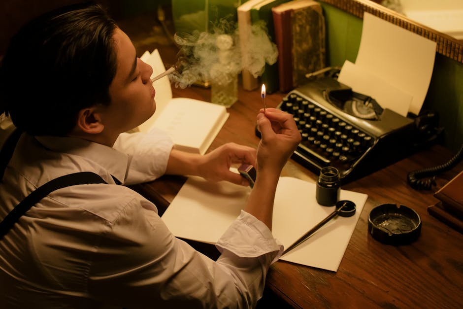 A man writing with a typewriter in a dimly lit room, smoking and concentrating on his work.