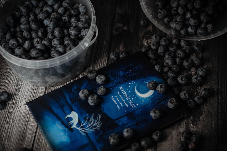 A rustic still life composition featuring blueberries and a notebook on a wooden surface.